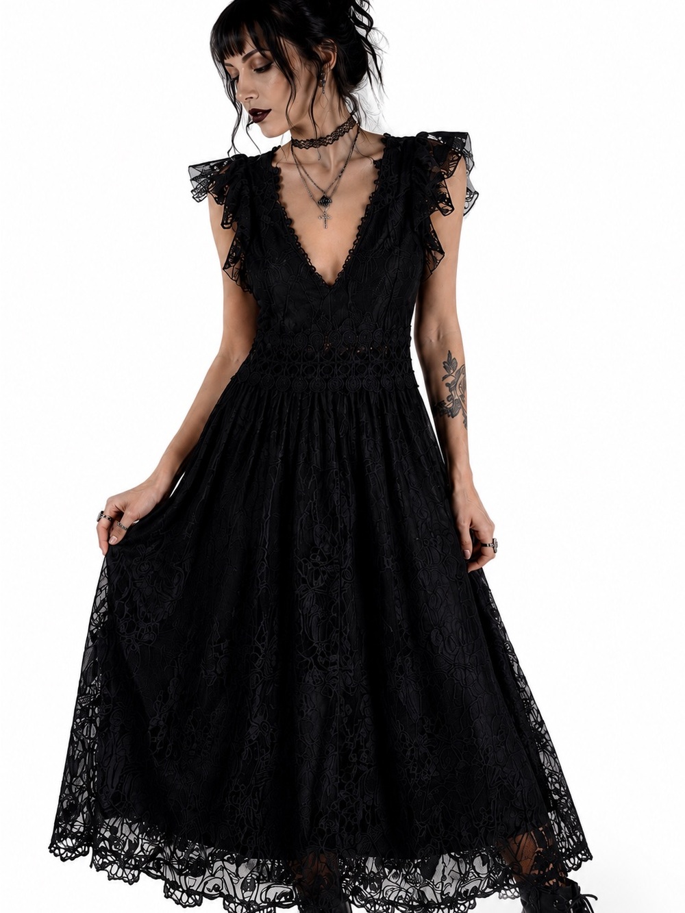 Black Embroidered Lace Midi Dress M Open Back Flutter Sleeve Whimsigoth